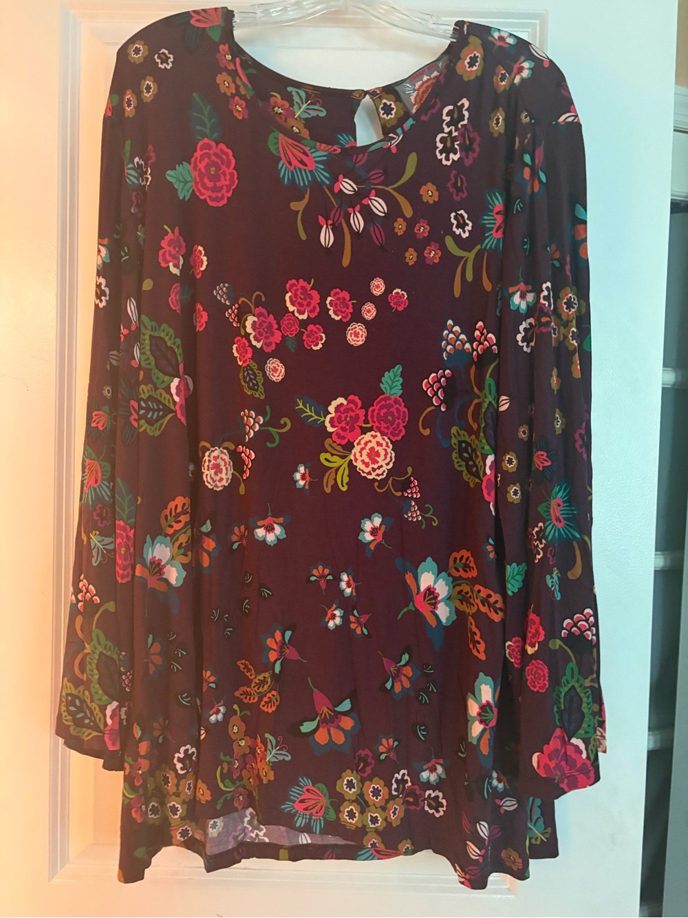 Johnny Was floral Long Sleeve Tunic Top in Burgundy with Multicolor Blooms